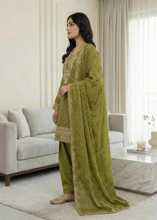 Embroidered Chiffon Kurta Set - 3 Piece - Raw Silk Shalwar - Olive Green