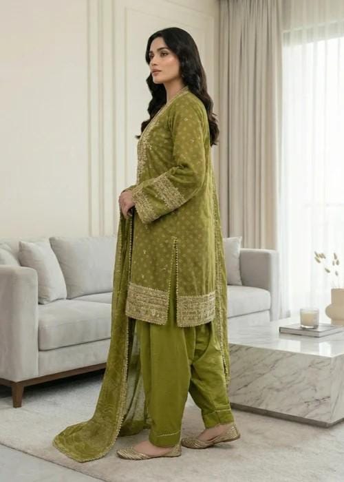 Embroidered Chiffon Kurta Set - 3 Piece - Raw Silk Shalwar - Olive Green