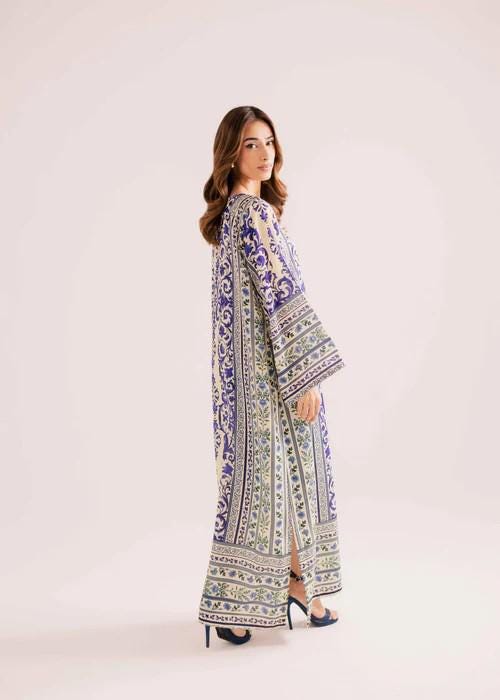 Printed Full Sleeves Silk Kaftan - White & Navy Blue