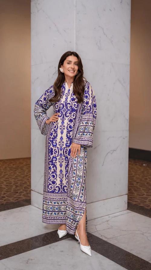 Printed Full Sleeves Silk Kaftan - White & Navy Blue