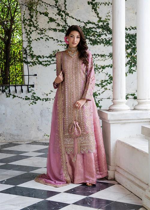 4 Piece Embroidered Chiffon Flared Jamawar Lehenga Suit - With Potli Bag