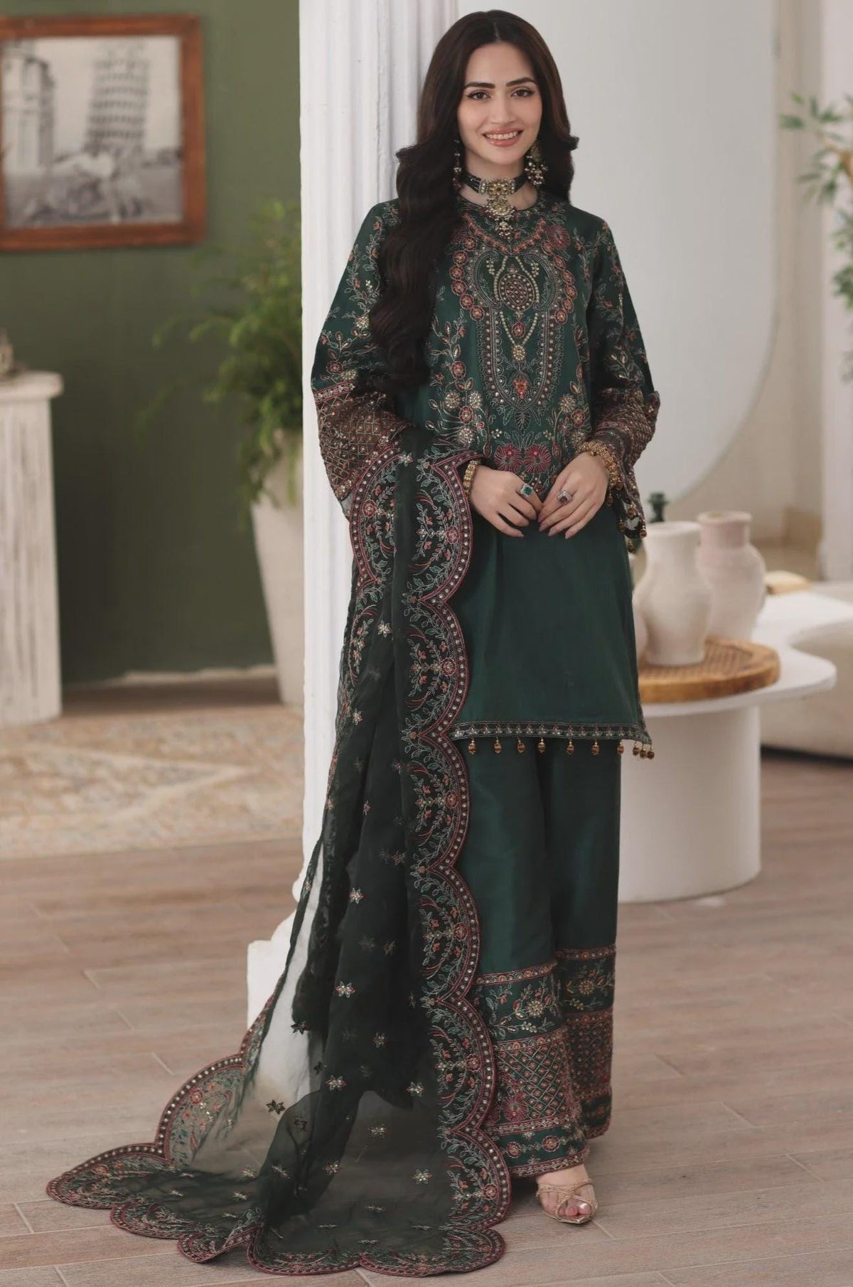 Embroidered Pure Raw Silk Suit - 3 Piece - Dark Green