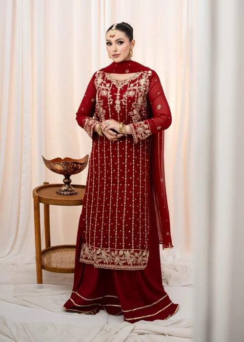3 Piece Embroidered Chiffon Long Kurta with Lehenga Suit - Maroon