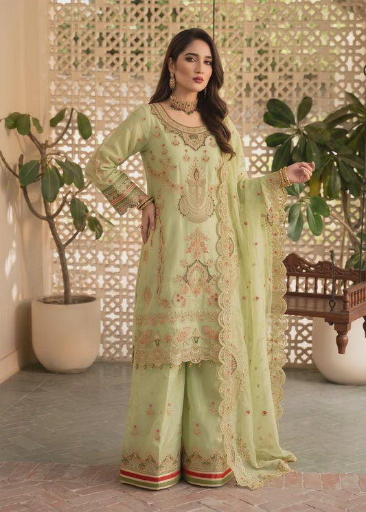 3 Piece Embroidered Organza Sharara - Key Lime