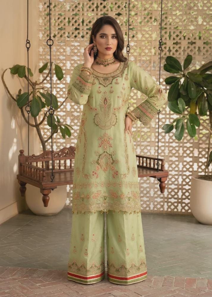 3 Piece Embroidered Organza Sharara - Key Lime