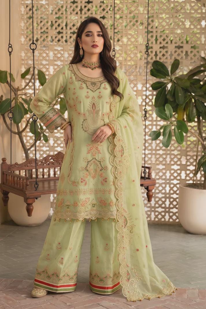 3 Piece Embroidered Organza Sharara - Key Lime