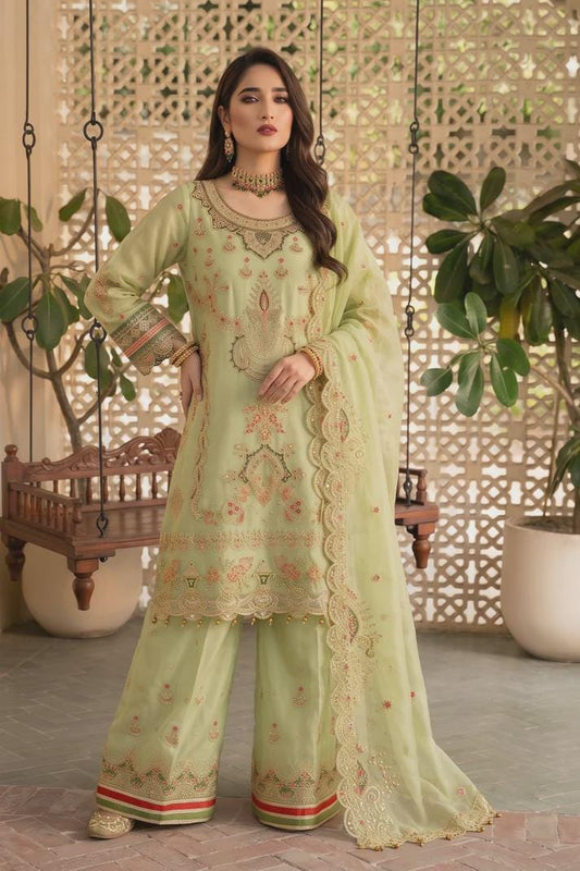 3 Piece Embroidered Organza Sharara - Key Lime