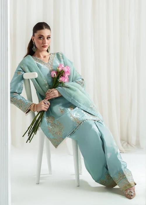 3 Piece Embroidered Charmeuse Silk Suit