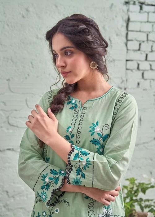 Embroidered Cotton Palazzo Suit – 3 Piece - Pistachio Green