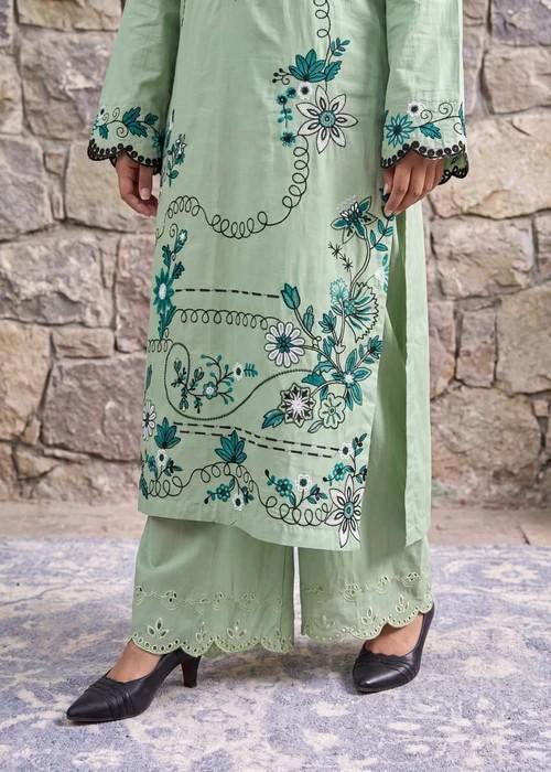 Embroidered Cotton Palazzo Suit – 3 Piece - Pistachio Green