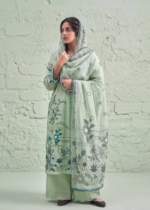 Embroidered Cotton Palazzo Suit – 3 Piece - Pistachio Green