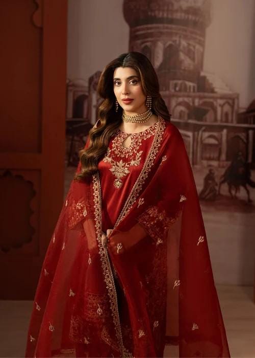 Embroidered Pure Raw Silk Suit - 3 Piece - Blood Red