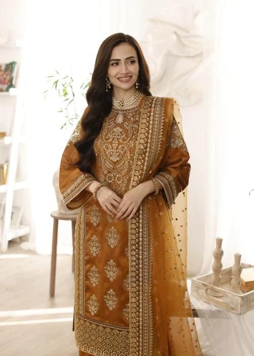 Embroidered Raw Silk Suit - 3 Piece - Rust Orange