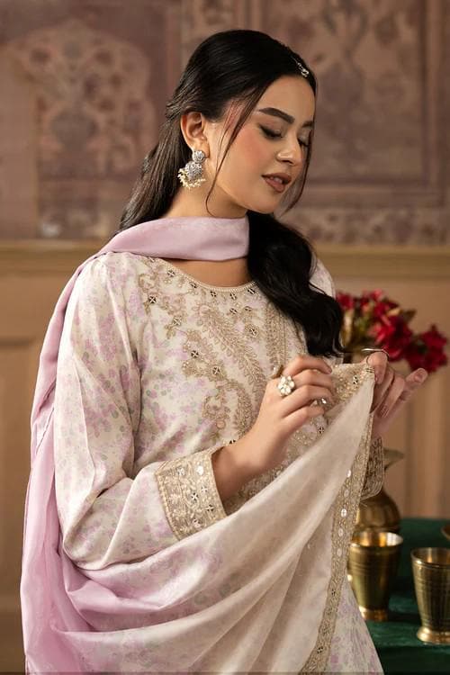 3 Piece Embroidered Silk Finish Lawn Gharara Suit - Ivory - Silk Dupatta