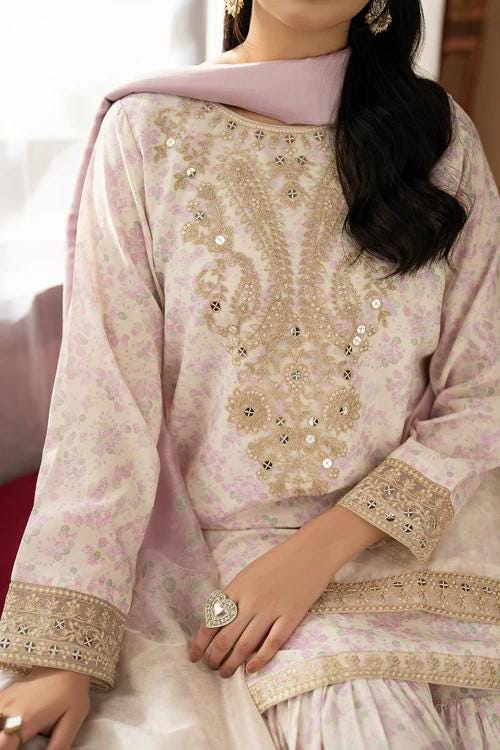 3 Piece Embroidered Silk Finish Lawn Gharara Suit - Ivory - Silk Dupatta