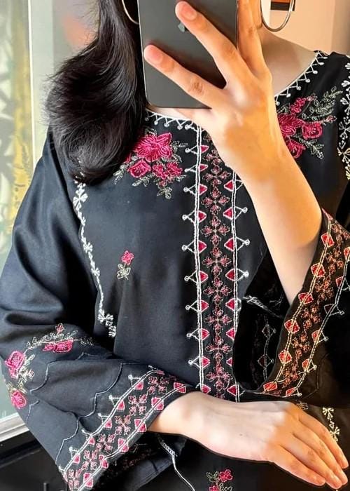 2 Piece Embroidered Cotton Kurta Shalwar Suit - Black