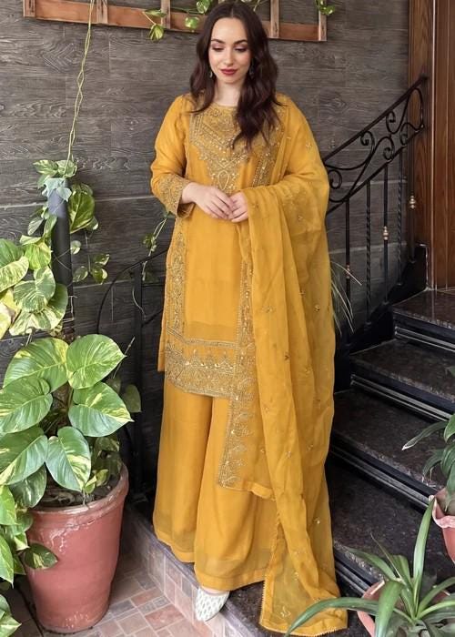 Embroidered Chiffon Sharara - Mustard