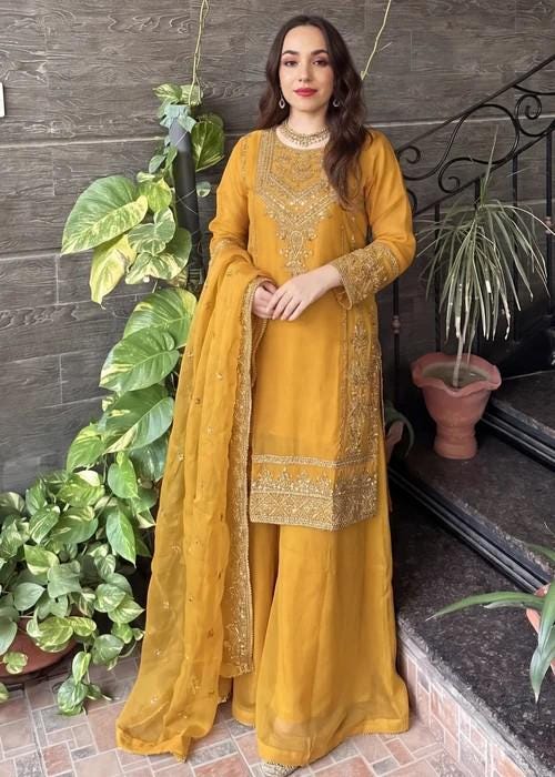Embroidered Chiffon Sharara - Mustard