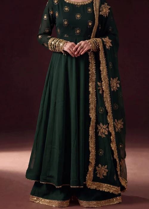 Embroidered Chiffon Pishwas Palazzo Suit - 4 Piece - Dark Green