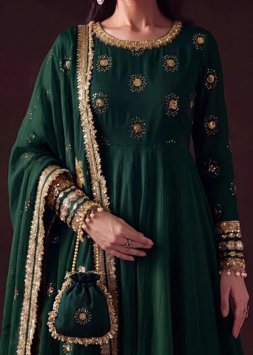Embroidered Chiffon Pishwas Palazzo Suit - 4 Piece - Dark Green