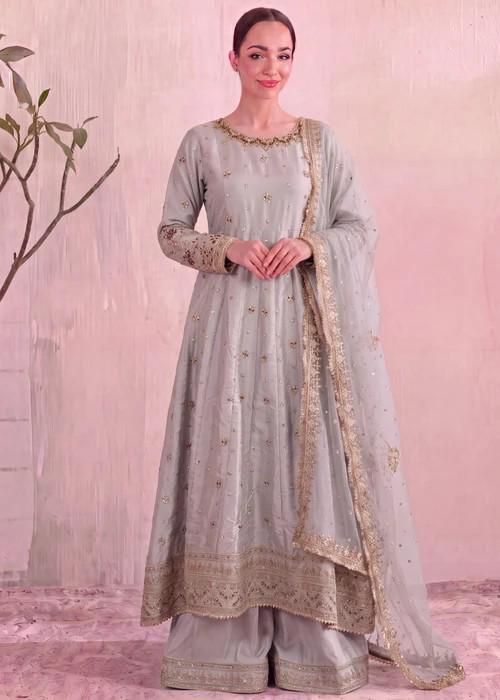 Embroidered Silk Pishwas Palazzo Suit - 4 Piece - Ash Grey
