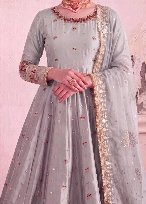 Embroidered Silk Pishwas Palazzo Suit - 4 Piece - Ash Grey