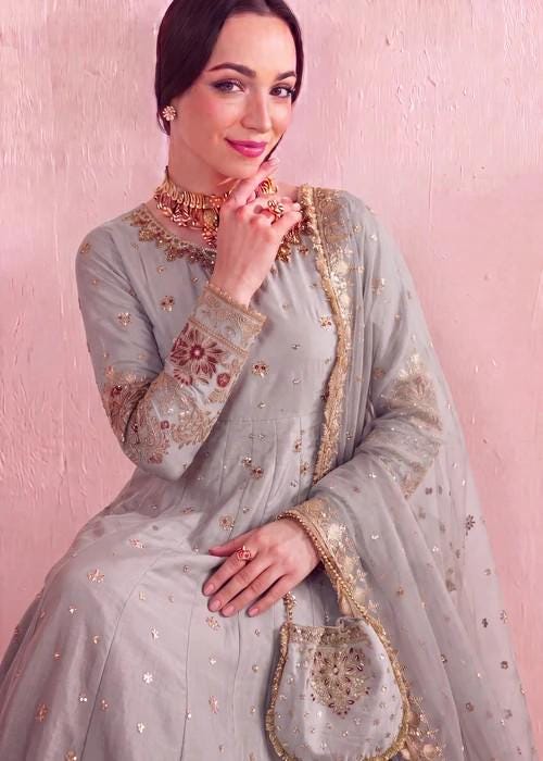 Embroidered Silk Pishwas Palazzo Suit - 4 Piece - Ash Grey