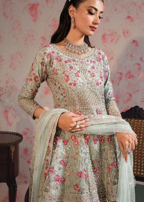 Embroidered Party Wear Peplum Sharara Suit - Ice Blue