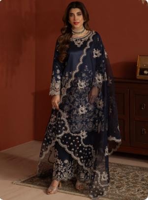 Embroidered Pure Raw Silk Suit - 3 Piece - Navy Blue