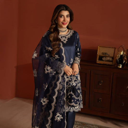 Embroidered Pure Raw Silk Suit - 3 Piece - Navy Blue