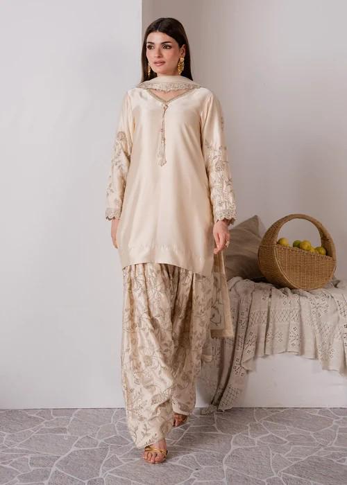 3 Piece Embroidered Charmeuse Silk Suit - Chiffon Dupatta - Beige