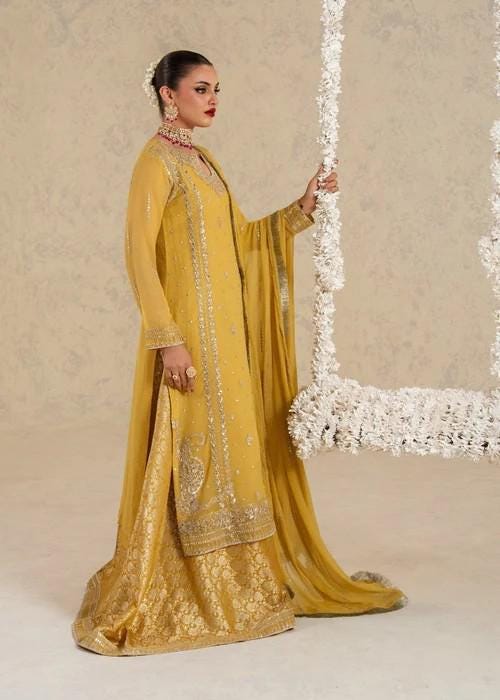 Embroidered Chiffon and Jamawar Lehenga Suit - 3 Piece - Mustard