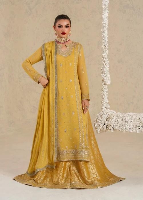 Embroidered Chiffon and Jamawar Lehenga Suit - 3 Piece - Mustard