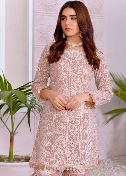 Embroidered Chiffon Gharara - 3 Piece- Blush Pink