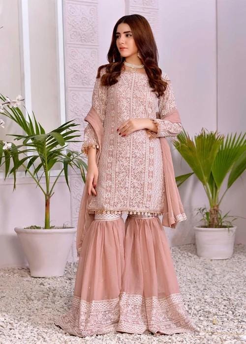 Embroidered Chiffon Gharara - 3 Piece- Blush Pink