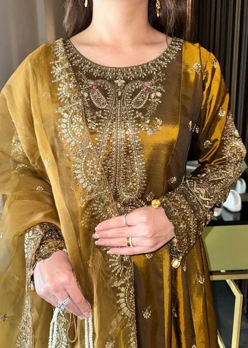 3 Piece Embroidered Silk Maxi Dress - Golden Brown