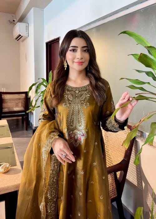 3 Piece Embroidered Silk Maxi Dress - Golden Brown