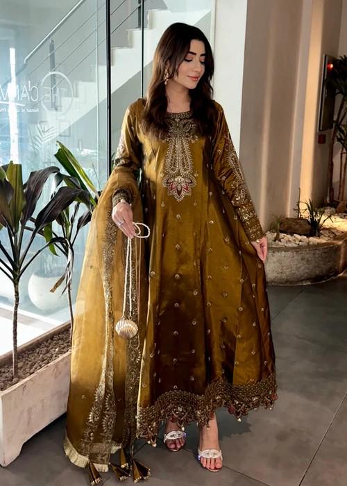 3 Piece Embroidered Silk Maxi Dress - Golden Brown