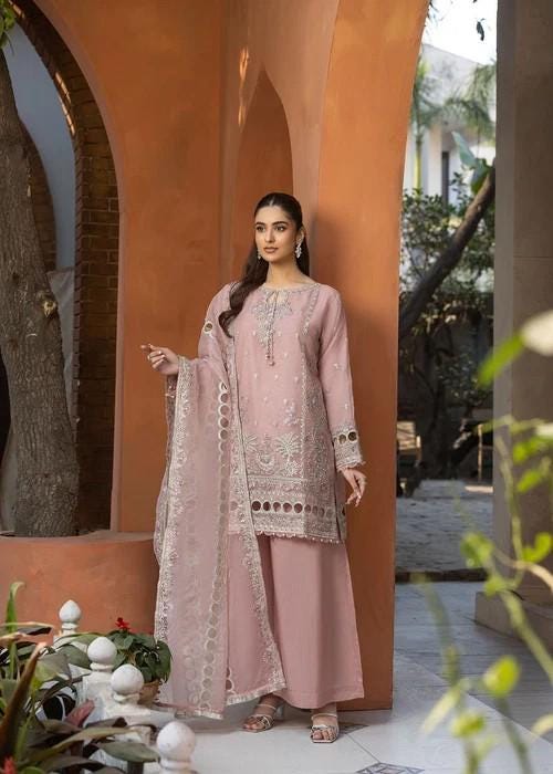 Embroidered Organza and Raw Silk Palazzo Designer Suit - 3 Piece - Pastel Pink