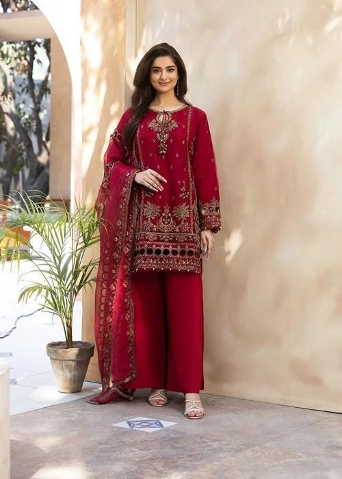 Embroidered Organza and Raw Silk Palazzo Designer Suit - 3 Piece - Red