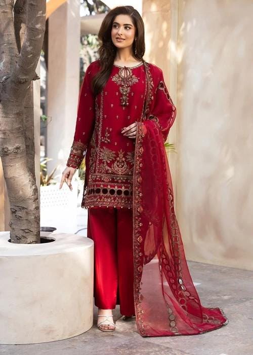 Embroidered Organza and Raw Silk Palazzo Designer Suit - 3 Piece - Red