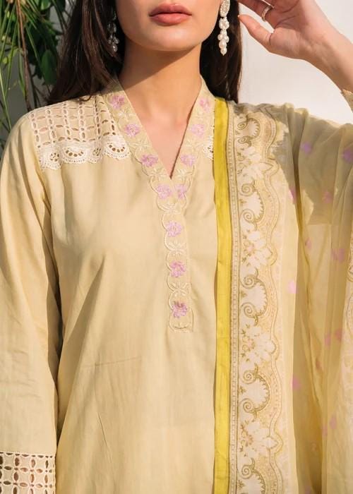 3 Piece Embroidered Lawn Palazzo Suit – Light Yellow