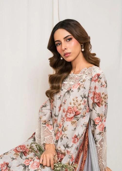 Embroidered Lawn Shalwar Suit – 3 Piece - Grey - Farshi Shalwar
