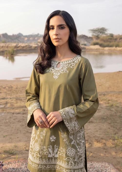 Embroidered Short Kurta Lawn Farshi Shalwar Suit - Sage Green