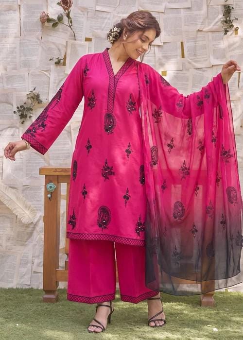 Embroidered Cotton Palazzo Suit – 3 Piece - Hot Pink