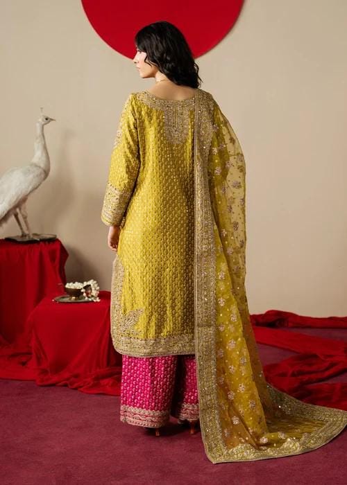3 Piece Embroidered Charmeuse Silk Palazzo Suit - Mustard and Pink