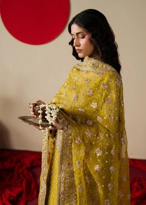 3 Piece Embroidered Charmeuse Silk Palazzo Suit - Mustard and Pink