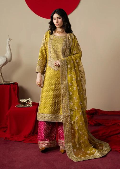 3 Piece Embroidered Charmeuse Silk Palazzo Suit - Mustard and Pink