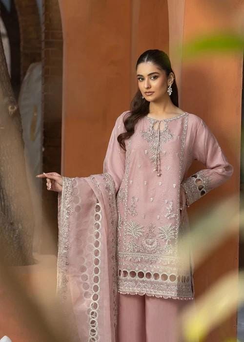 Embroidered Organza and Raw Silk Palazzo Designer Suit - 3 Piece - Pastel Pink