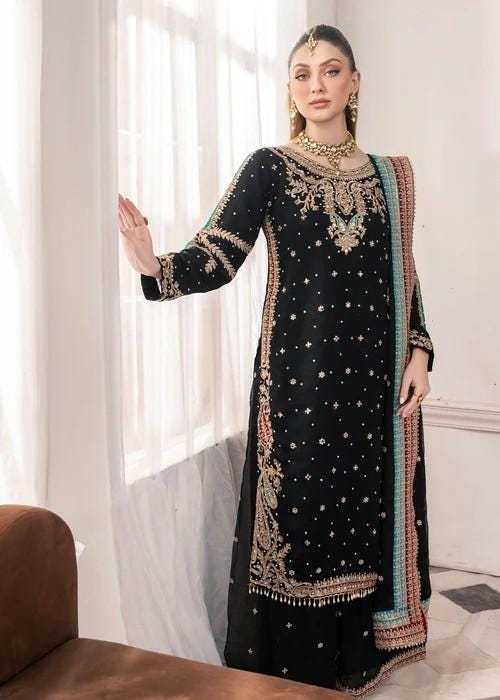 3 Piece Embroidered Chiffon Party Wear Suit - XL & XXL